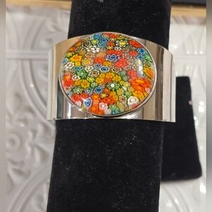 Millefiori Glass Bold Chunky Wide Bangle Cuff Stainless Steel Bracelet